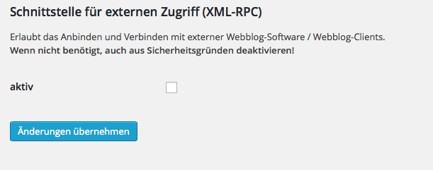XML RPC deaktivieren WordPress Theme option